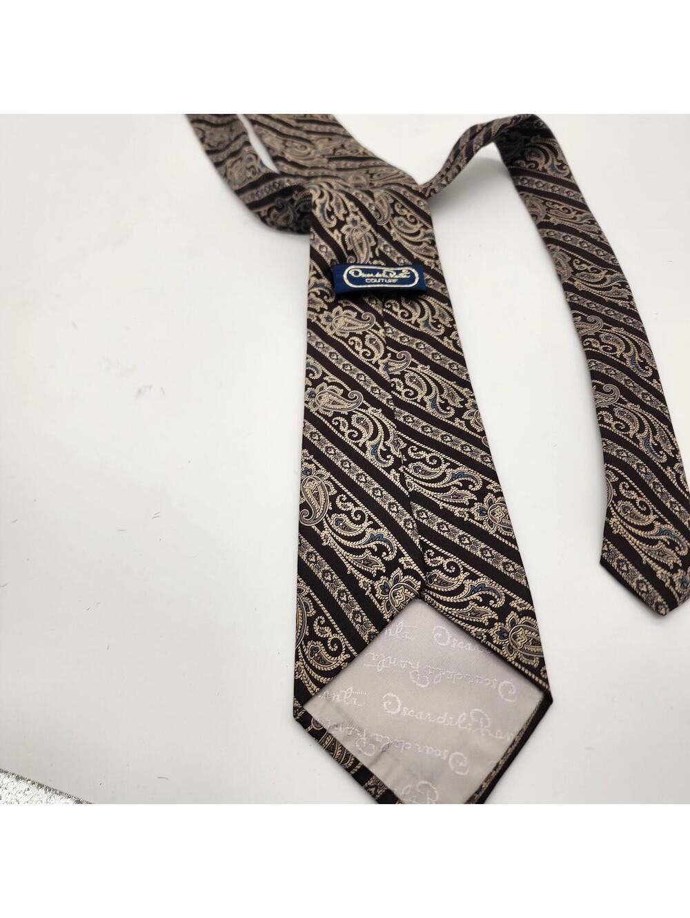 Oscar De Lenta Couture Men’s Paisley Silk Tie Brown Beige Vintage Style - Picture 4 of 6